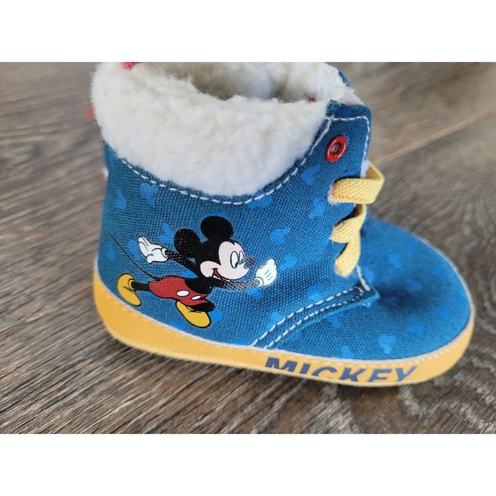 Disney Baby Mickey Mouse Blue Heart Faux Shearling High Top Crib Shoes 6-9M‎ #6